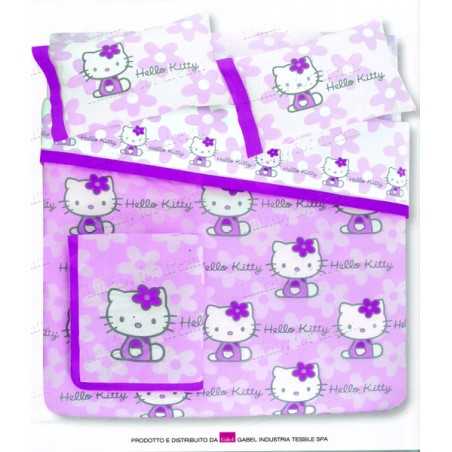 Set Copripiumino Lenzuolo Sotto Federa Hello Kitty Flowers Lilla Cotone 100%