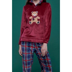 Pijama Traje Mujer Suave y Cálido Coral Fleece Oso Burdeos Noidinotte