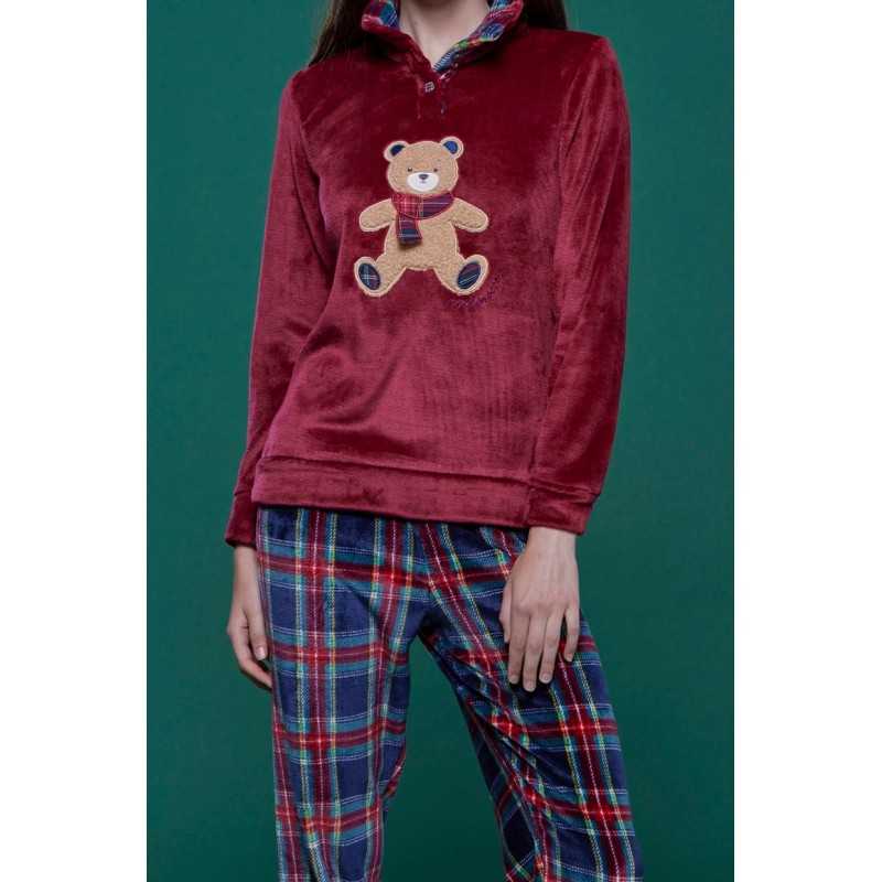 Pijama Traje Mujer Suave y Cálido Coral Fleece Oso Burdeos Noidinotte