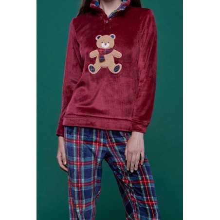 Pyjamas Combinaison Femme Doux et Chaud Corail Fleece Ours Bordeaux Noidinotte