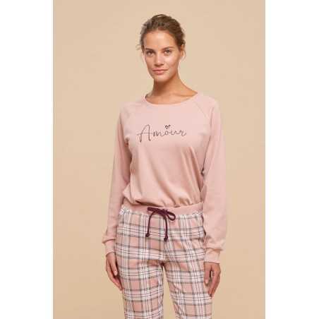 Pyjama femme en coton rose chaud avec pantalon à carreaux Noidinotte