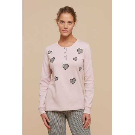 Pijama Mujer en Cálido Algodón Corazones Rosa Noidinotte